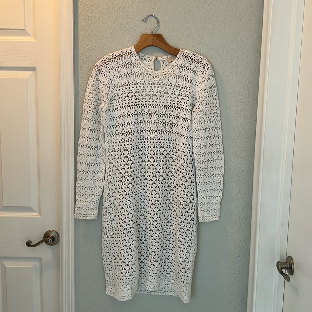 Michael Kors long sleeve white crochet dress with nude slip.